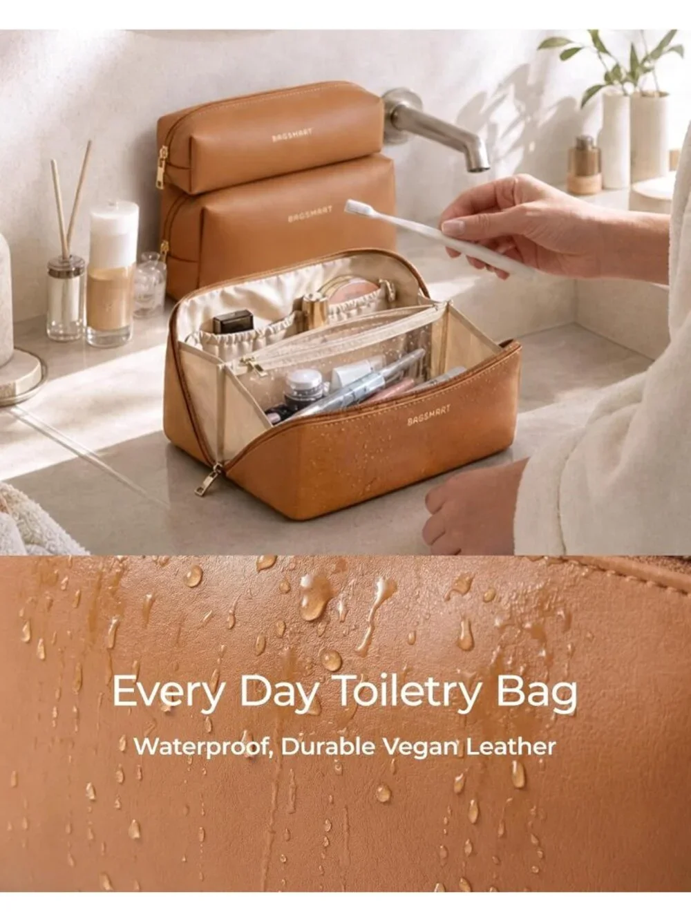 Travel Makeup Bag Set - 3 Pcs Cosmetic & Toiletry Organizer, Classic Brown